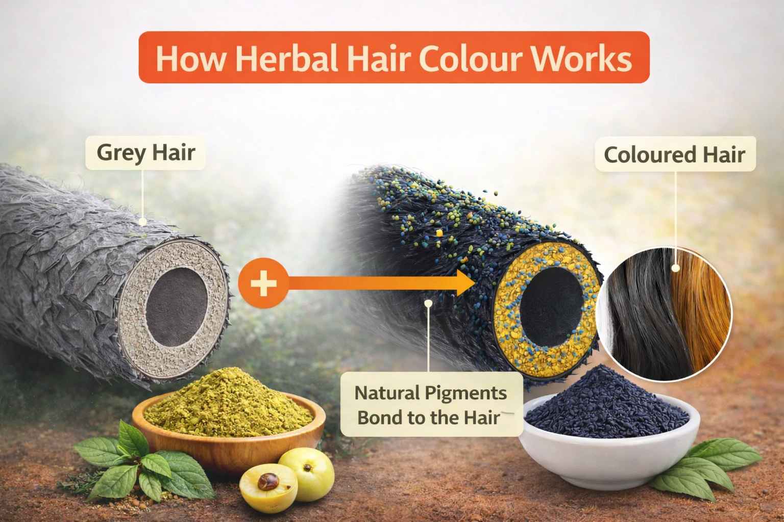  diagram showing how henna and indigo pigments bind to keratin in hair shaft