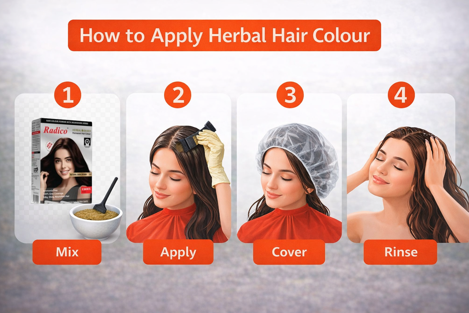  step by step process of applying Radico herbal hair colour for grey hair