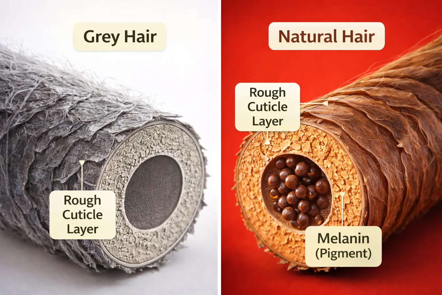  illustration showing structure of grey hair and reduced melanin pigment